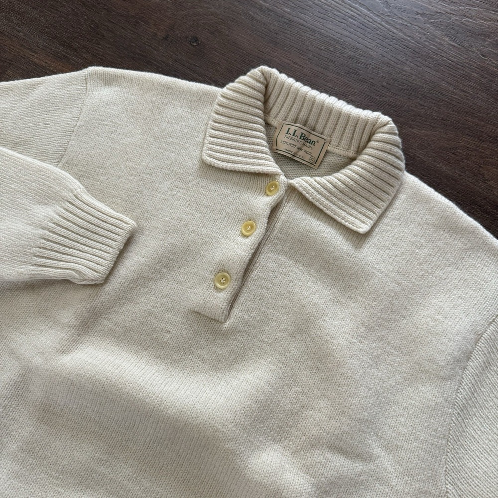 VTG LL Bean USA 100% Pure New Wool Polo Shirt Sz‎ XL Cream White